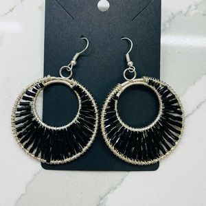 Black Beaded Double hoop Dangle Earrings